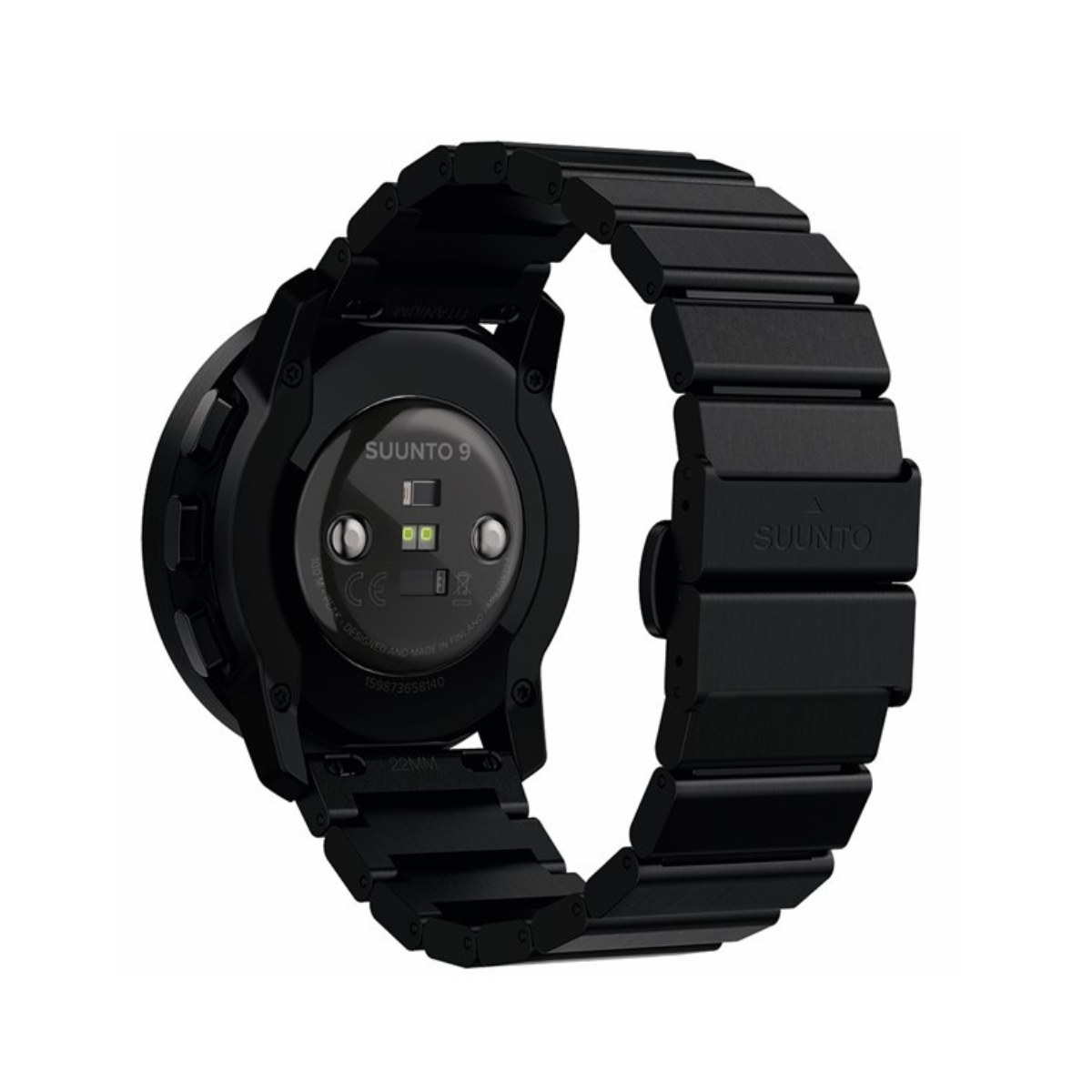 The image shows the back of a black smartwatch with a metal band and visible sensors. The design is sleek and modern, conveying a sense of tech sophistication.