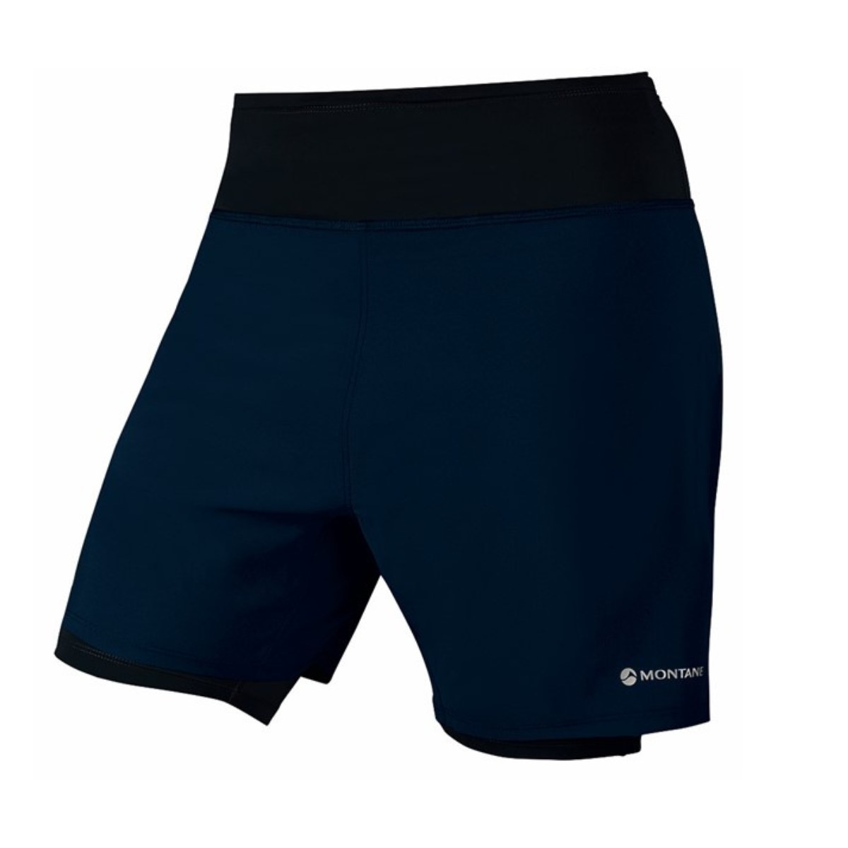Dark blue athletic shorts with a black waistband. The Montane logo is on the lower right leg. Designed for comfort and flexibility, conveying a sporty feel.