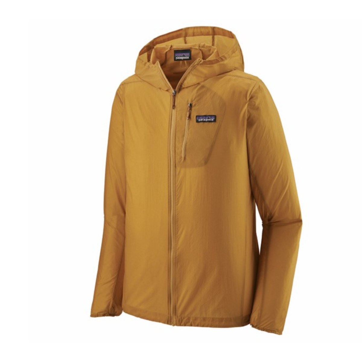 A mustard yellow jacket with a hood, featuring a zip-up front and a small chest pocket. The jacket has a minimalist design and a sleek finish.