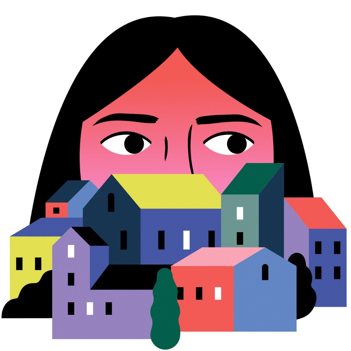 Illustration of a woman's face with a pink gradient, black hair, and curious eyes peering over colorful, abstract houses, conveying a whimsical tone.
