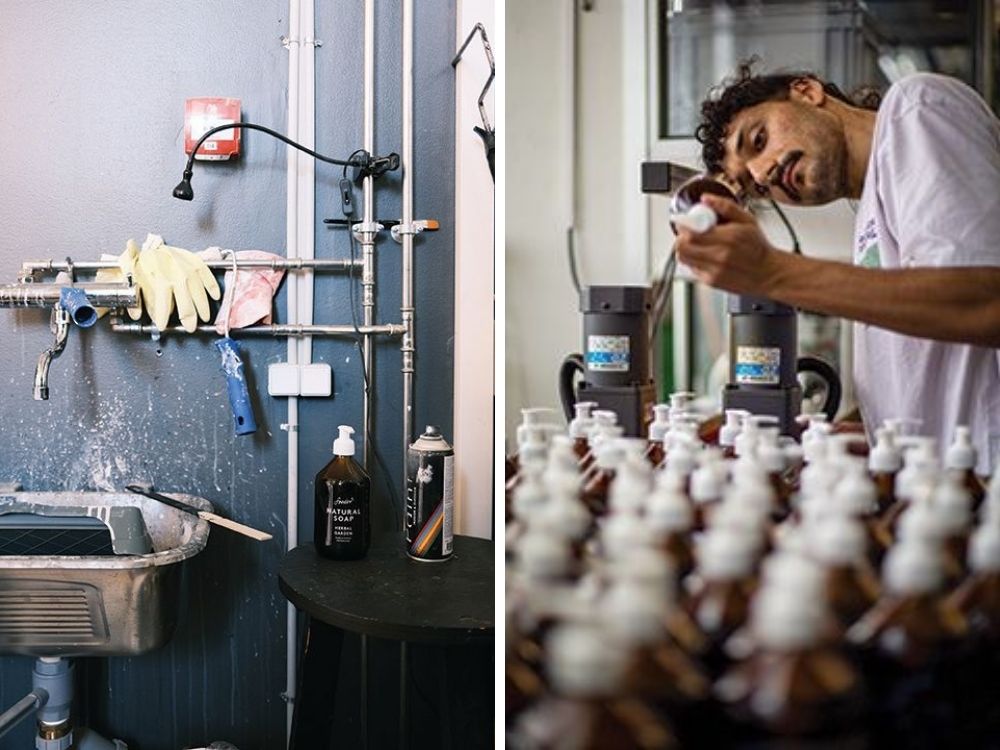 Split image: Left shows a messy utility sink with cleaning supplies and gloves against a blue wall. Right depicts a man focused on bottling liquids.