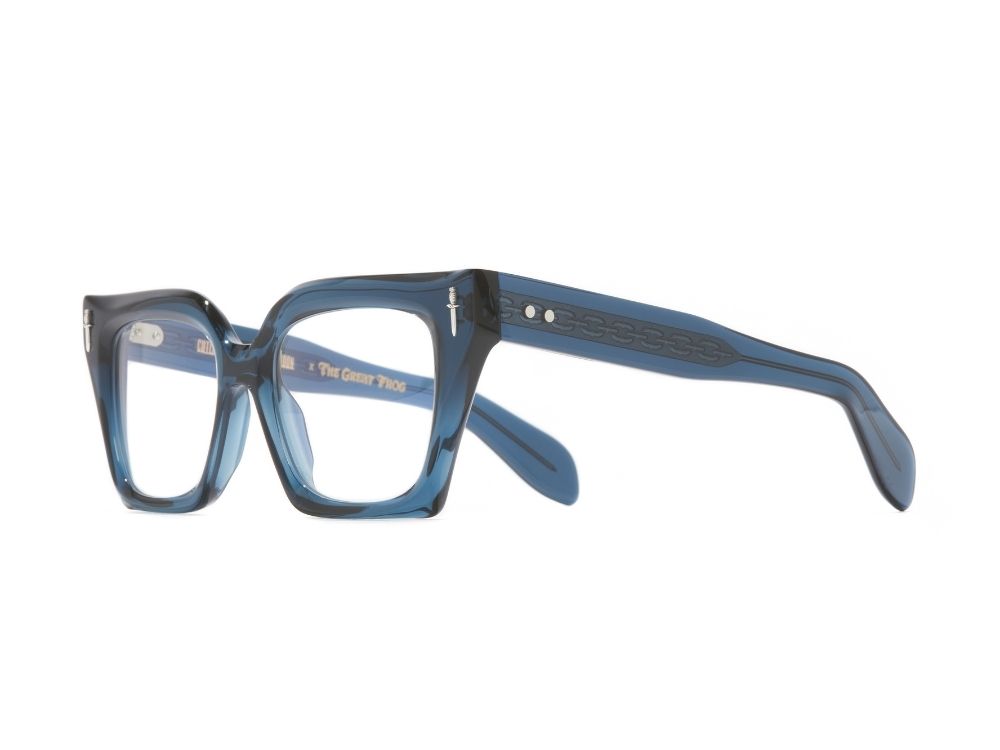 Square-framed blue glasses with a glossy finish and intricate side detailing, showcasing a stylish and contemporary design.