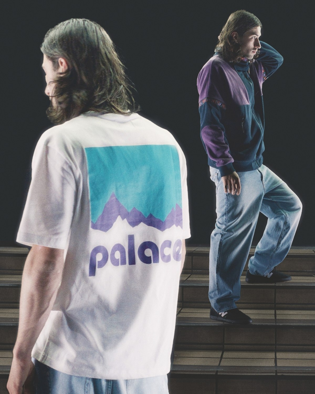 A person stands on stairs, wearing a white t-shirt with a mountain graphic and the word "palace," paired with relaxed jeans and shoes.