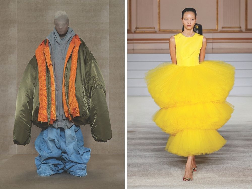 On the left, a mannequin wears oversized clothing: a green and orange jacket over layered hoodies and baggy jeans. On the right, a model in a bright yellow, tiered tulle gown walks down a runway.