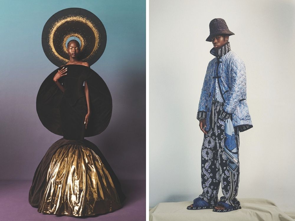 On the left, a model in a black gown with gold accents and a halo-like headpiece poses against a gradient background. On the right, a model in a blue patterned jacket and trousers with a bucket hat stands on a light backdrop. The image contrasts elegance with contemporary fashion.