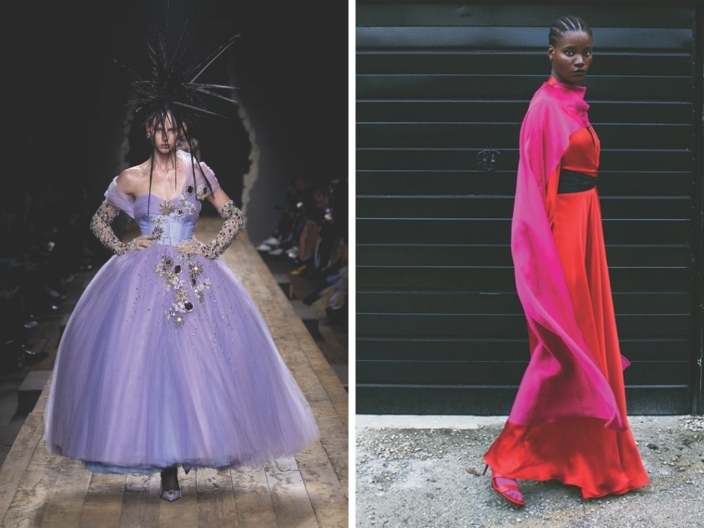 On the left, a model walks a runway in a lavender ball gown with ornate embellishments and spiked headdress. On the right, a person stands against a black garage door wearing a vibrant red dress with a pink cape, conveying bold elegance.