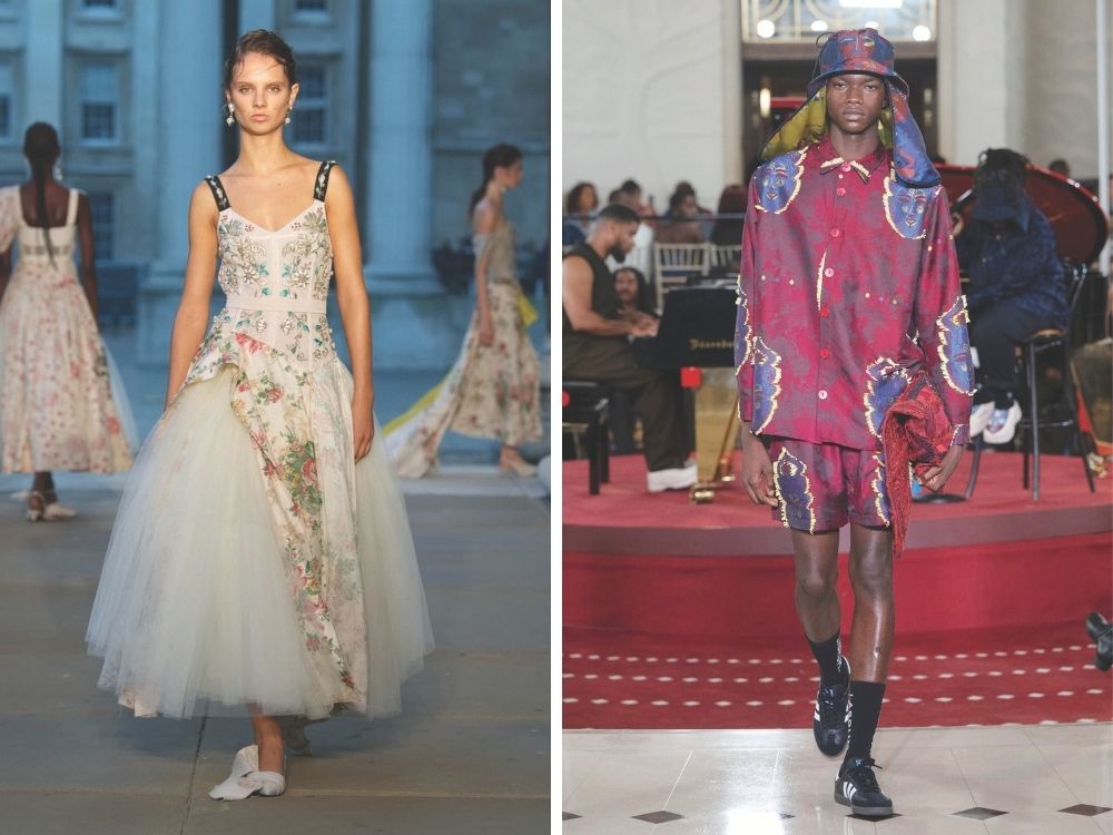 A split image shows two fashion models on the runway. Left: A female model in a floral, tulle gown with a serene expression. Right: A male model in a bold, patterned red outfit and matching bucket hat.