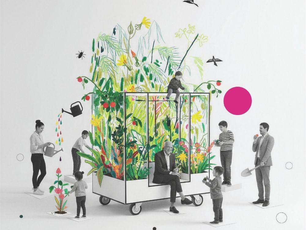 A diverse group of people stands together in a vibrant garden, surrounded by various plants and flowers.