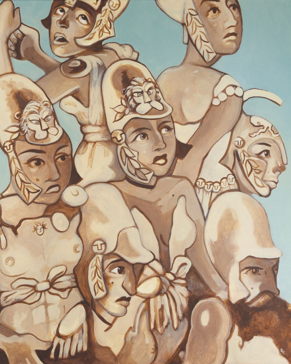 A warm-toned painting crowds stylized, bare-chested figures wearing ornate masks and headdresses; their varied gazes create a solemn, dreamlike mood.