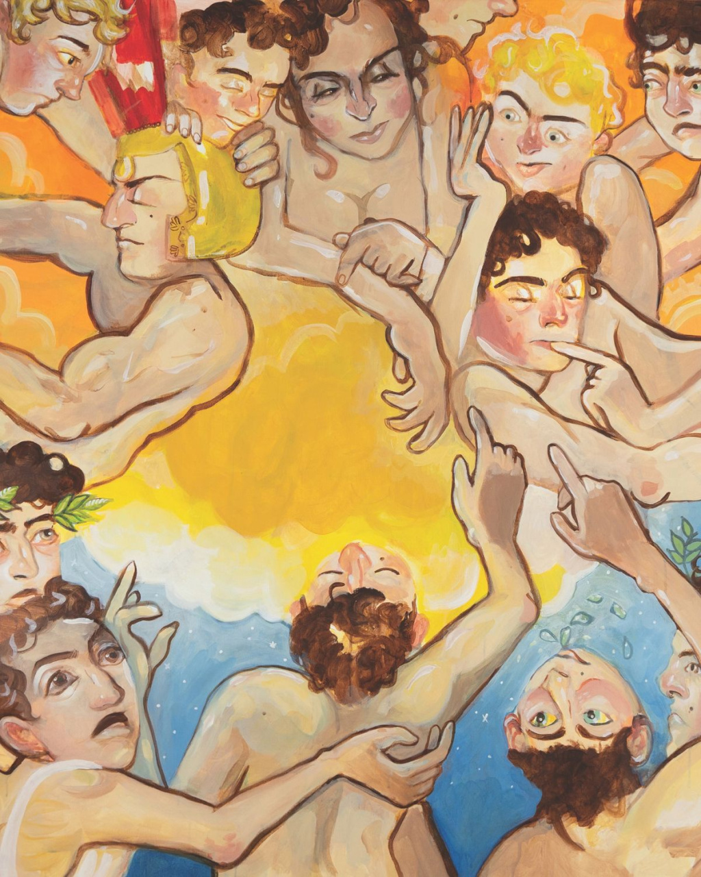 Expressive painting of intertwined nude figures reaching and embracing in a swirling crowd, with warm yellows above and cool blues below; intimate, dreamlike tone.