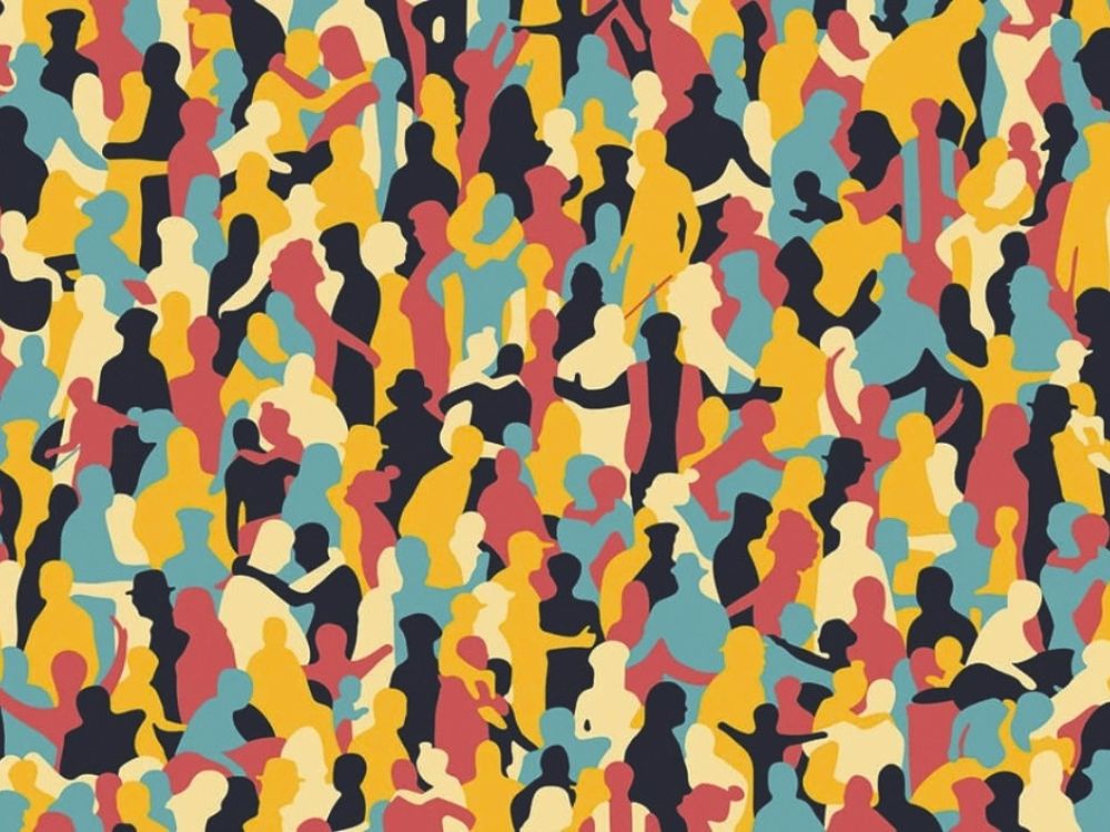 A dense crowd of overlapping, faceless silhouettes in yellow, teal, coral, and navy fills the frame, creating a lively, bustling sense of community.